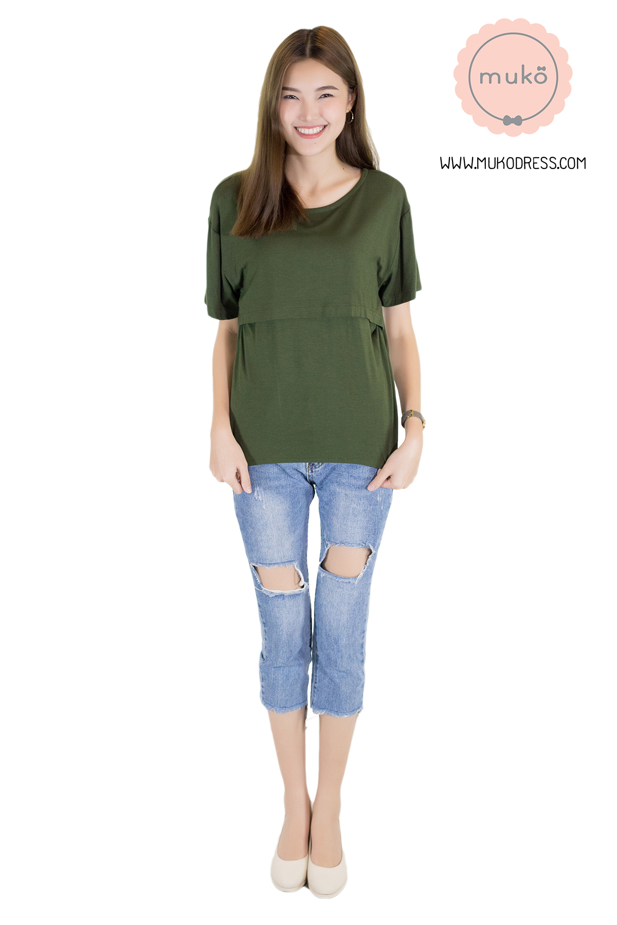 Muko My Jane เสื้อเปิดให้นมคลุมท้อง TC09-008 สีเขียวขี้ม้า Muko My Jane เสื้อเปิดให้นมคลุมท้อง TC09-008 สีเขียวขี้ม้า