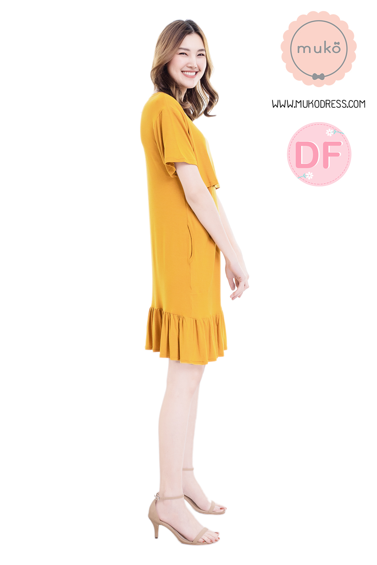 Muko Haru เดรสให้นม คลุมท้อง DR13-019M DF สีเหลืองมัสตาร์ด