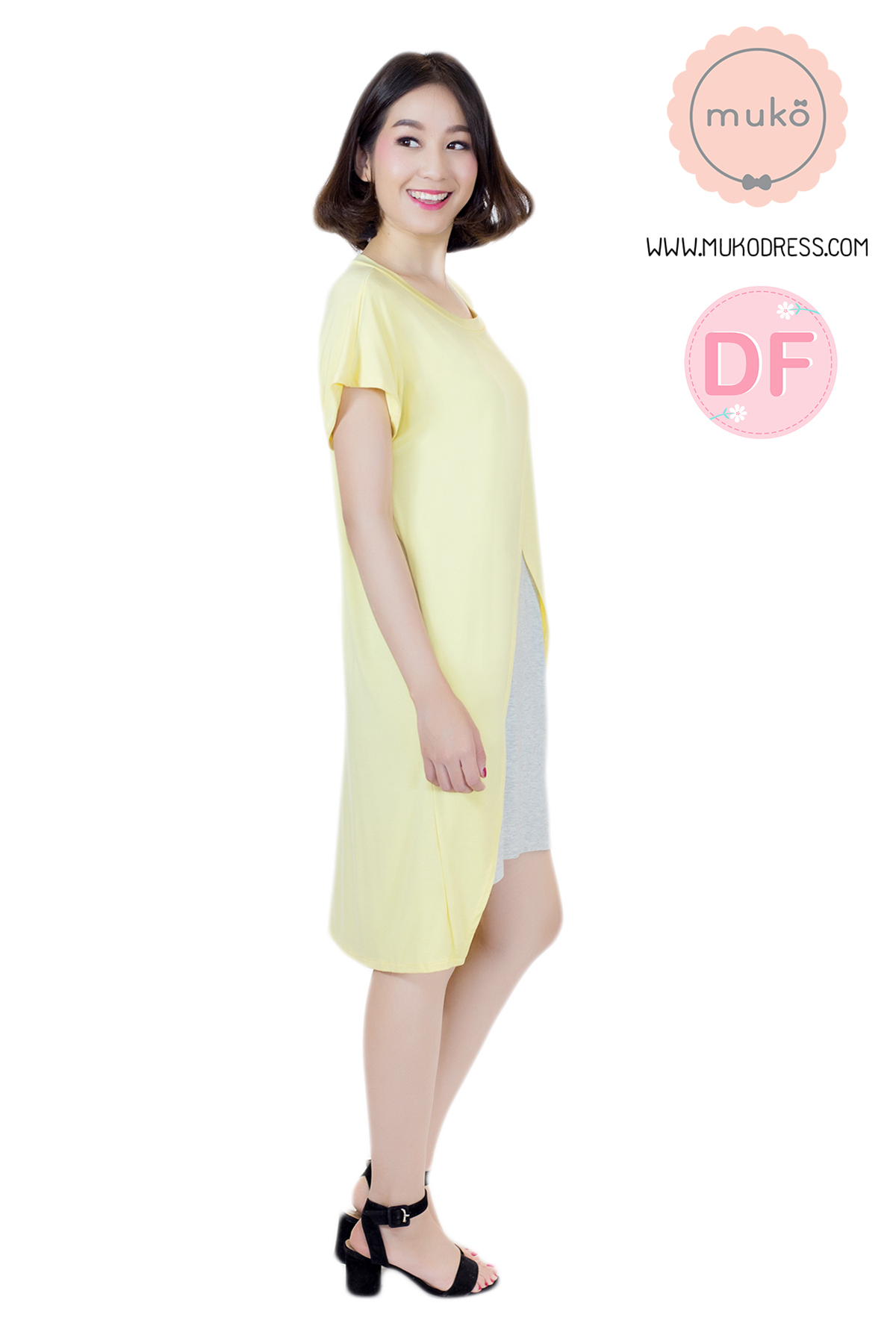 Muko ButterCup เดรสให้นม คลุมท้อง DR16-018DF เหลือง-เทาอ่อนมาก