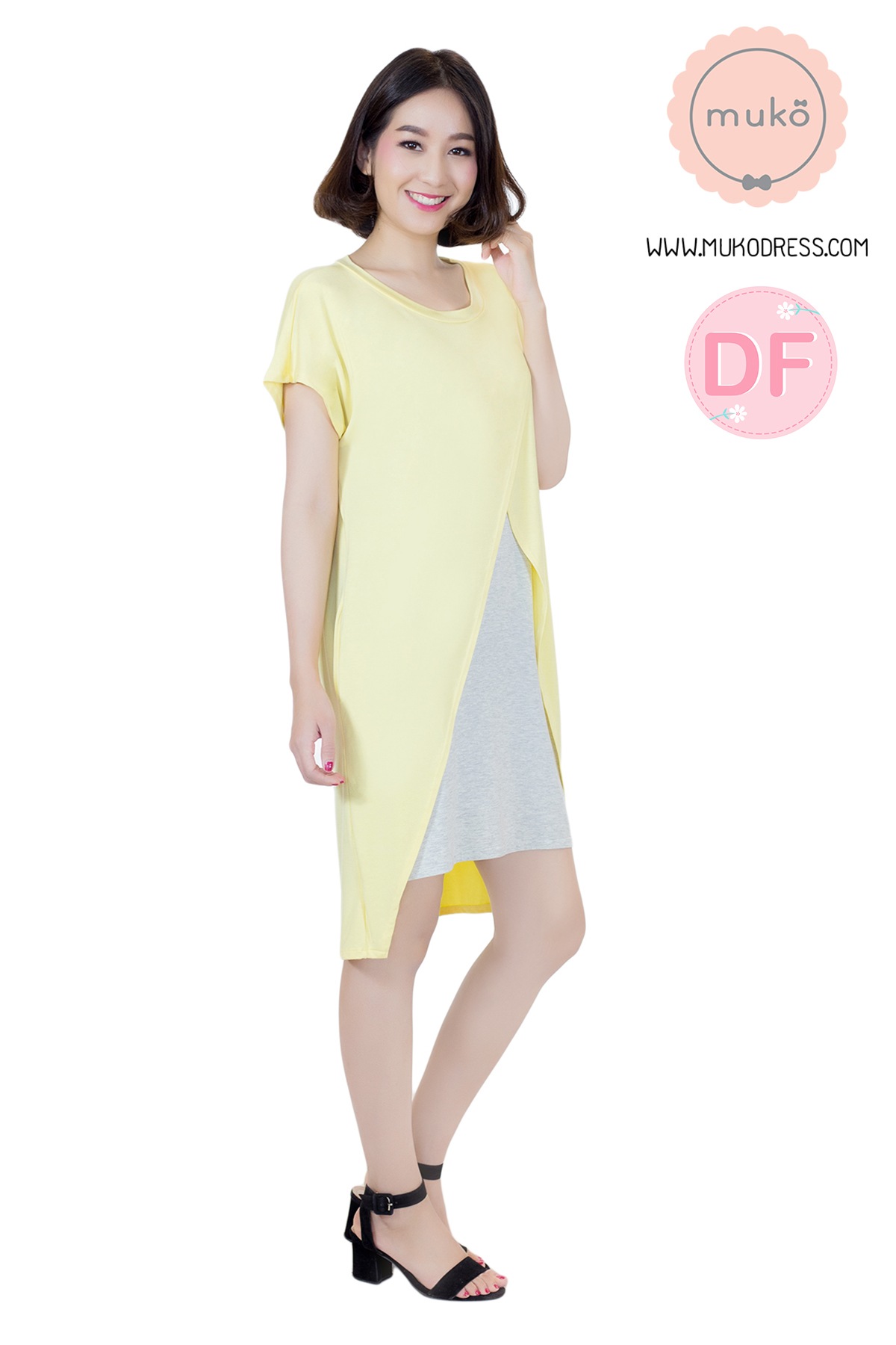 Muko ButterCup เดรสให้นม คลุมท้อง DR16-018DF เหลือง-เทาอ่อนมาก