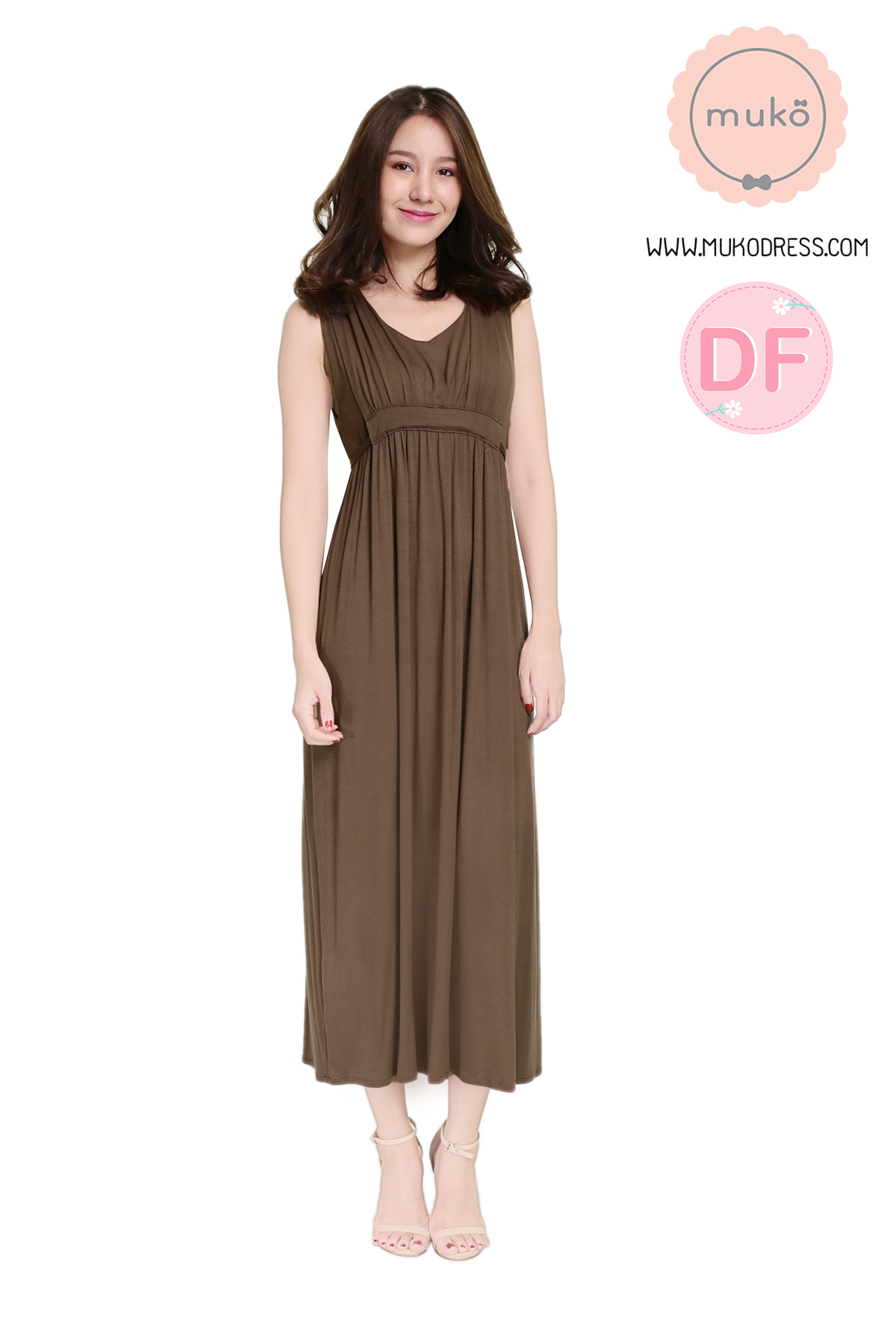 Muko Brownie maxi เดรสยาวให้นม คลุมท้อง MR02-014DF สีน้ำตาล