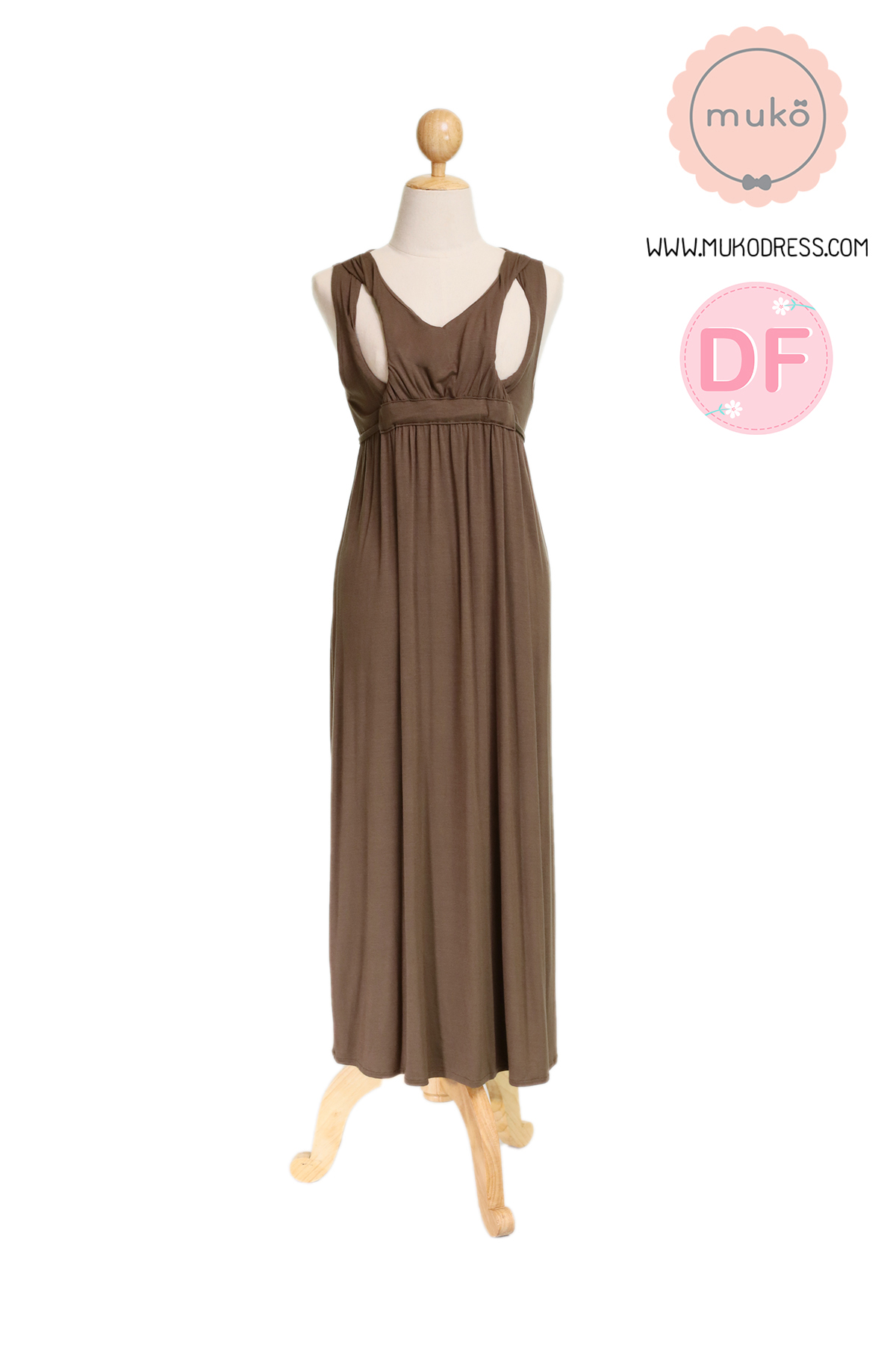 Muko Brownie maxi เดรสยาวให้นม คลุมท้อง MR02-014DF สีน้ำตาล