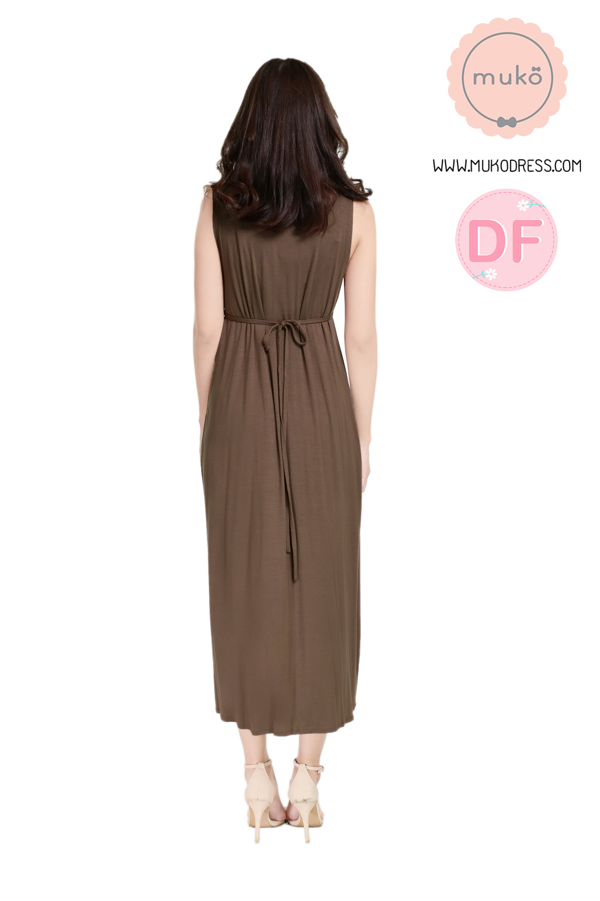 Muko Brownie maxi เดรสยาวให้นม คลุมท้อง MR02-014DF สีน้ำตาล