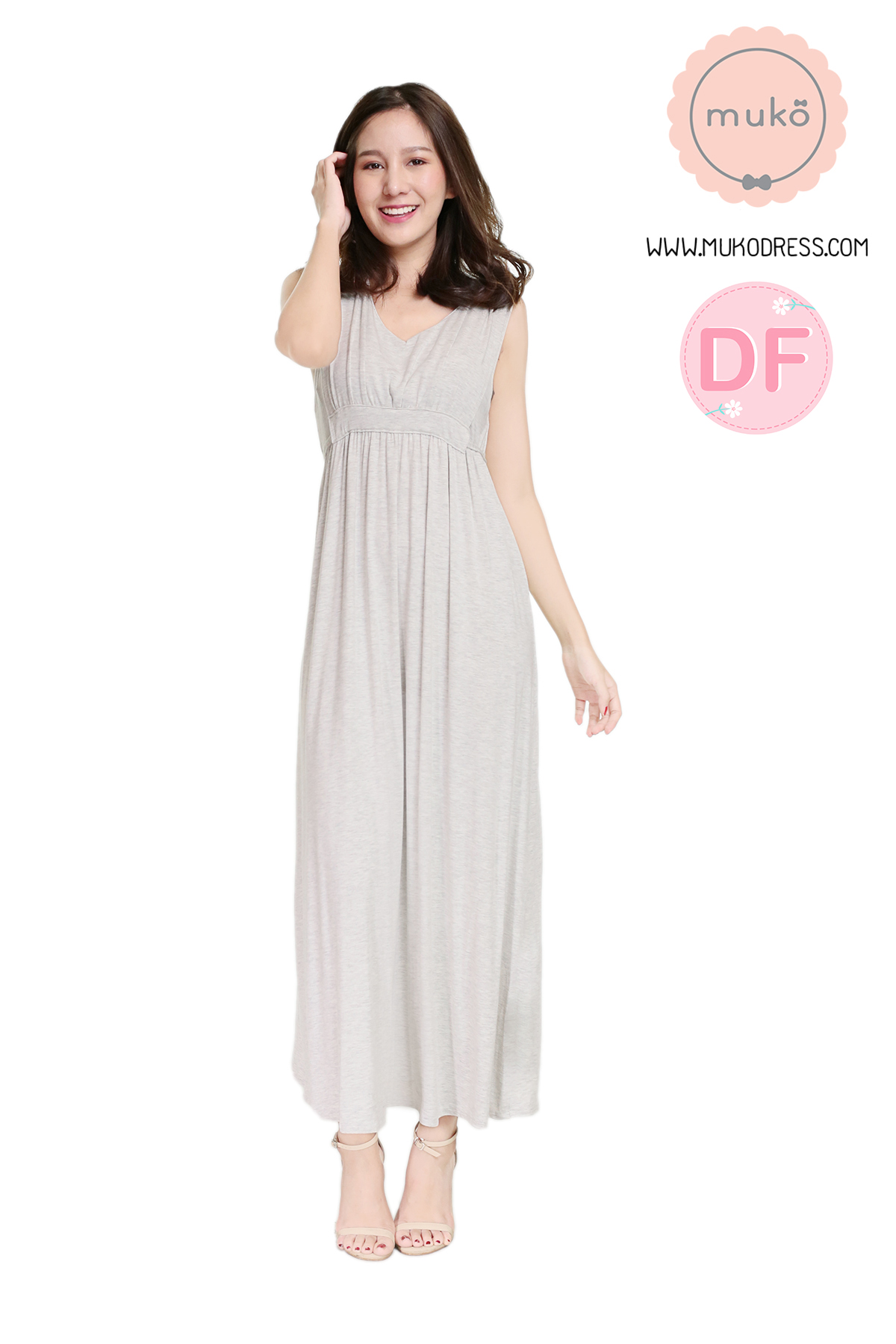 Muko Brownie maxi เดรสยาวให้นม คลุมท้อง MR02-018DF สีเทาอ่อนมาก