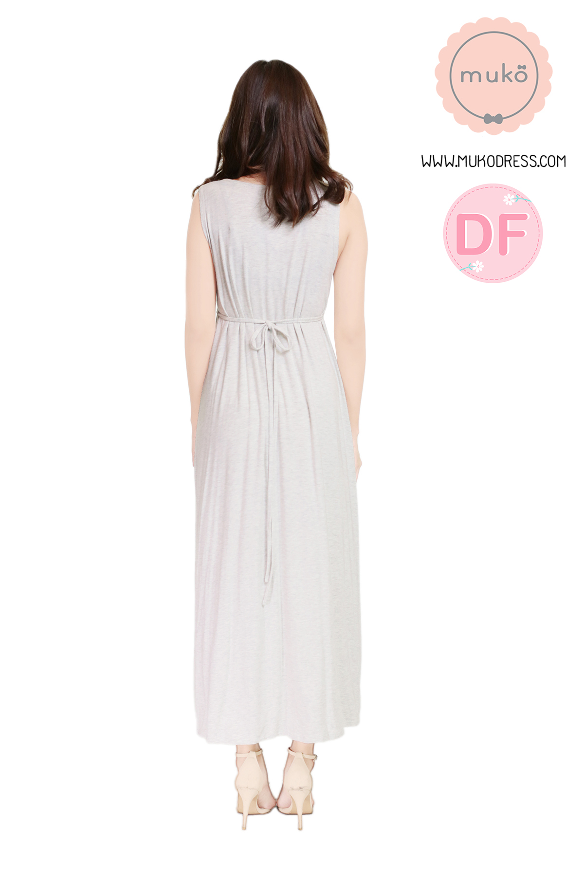 Muko Brownie maxi เดรสยาวให้นม คลุมท้อง MR02-018DF สีเทาอ่อนมาก