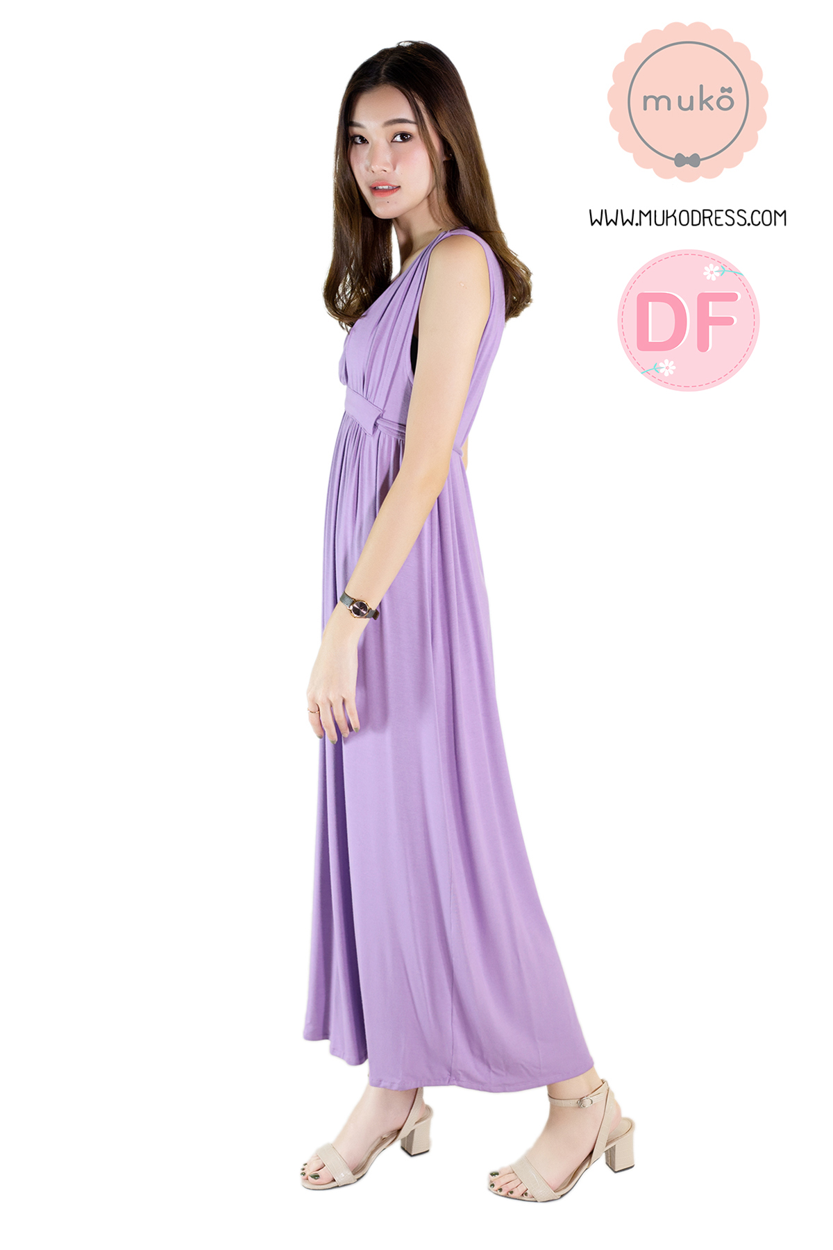 Muko Brownie maxi เดรสยาวให้นม คลุมท้อง MR02-022DF สีม่วงนม