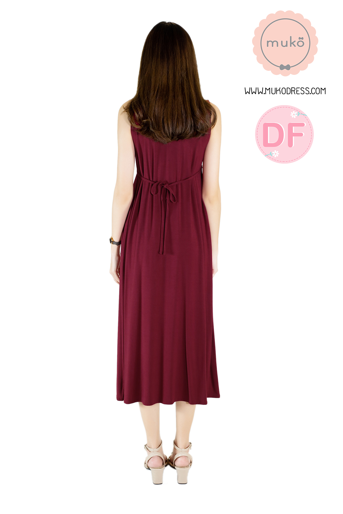 Muko Brownie maxi เดรสยาวให้นม คลุมท้อง MR02-028DF สีแดงเลือดหมู