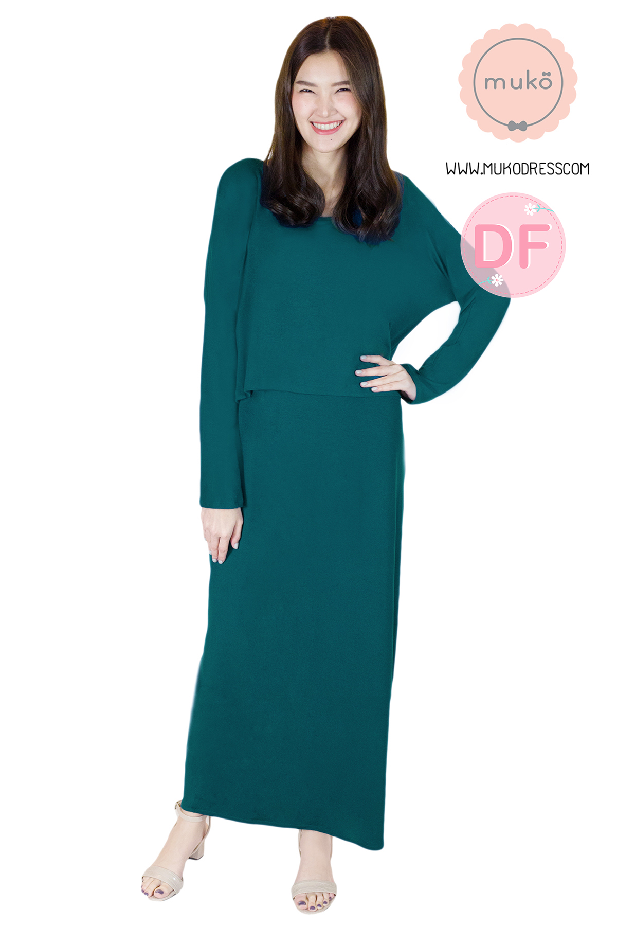 Muko Manami maxi เดรสยาวให้นม คลุมท้อง MR03-003DF สีฟ้าน้ำทะเล