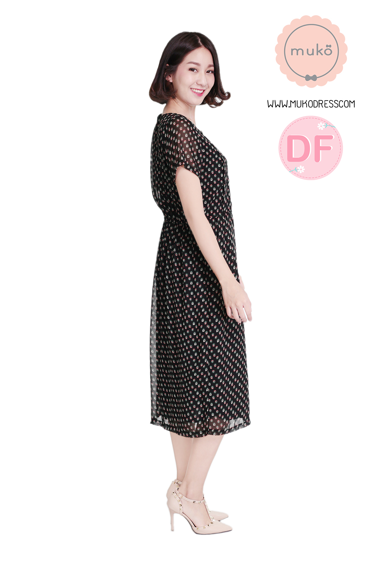 Muko PrimRose เดรสให้นม คลุมท้อง DZ12-033DF ดำลายบ้าน