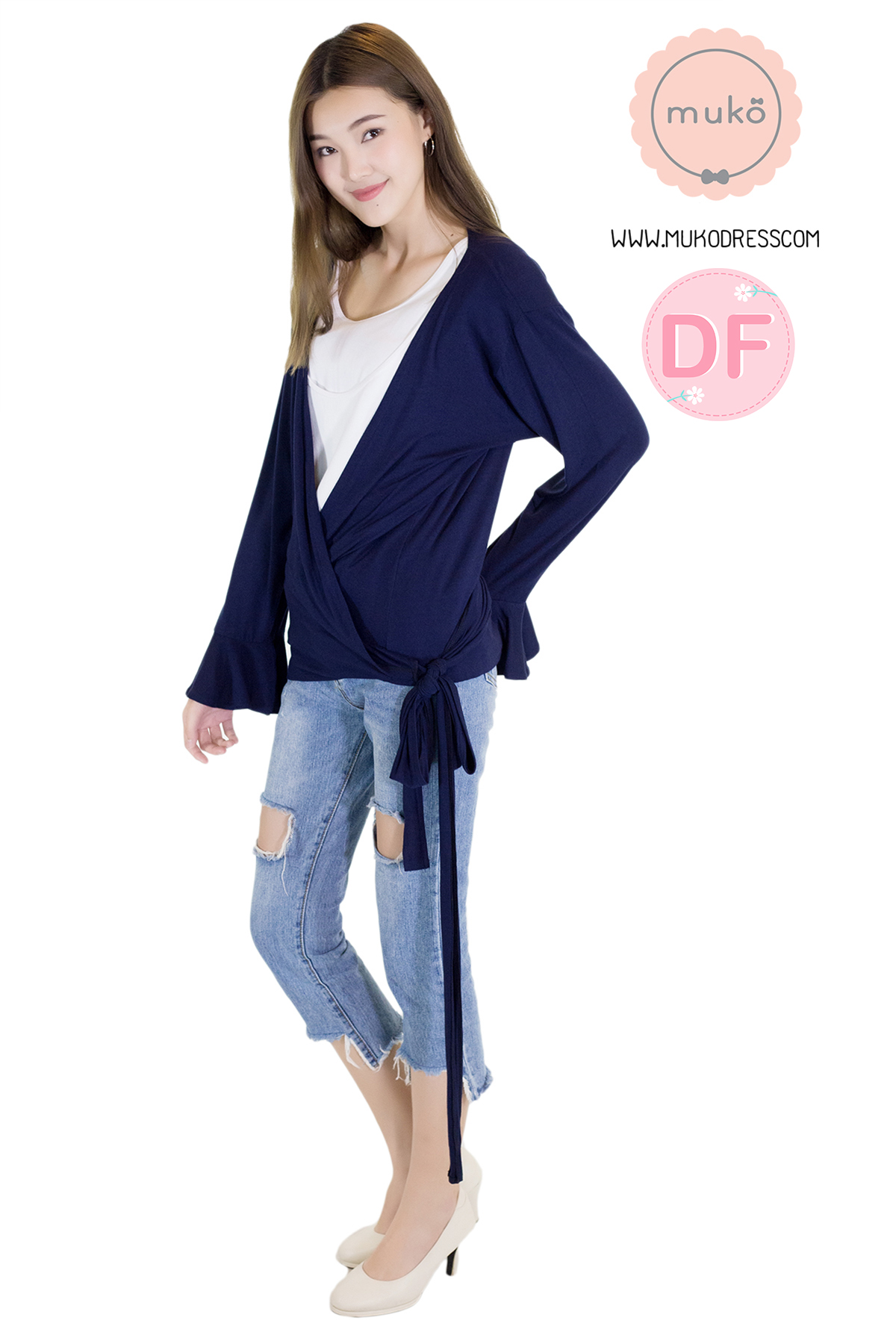 Muko Aubree Cardigan เสื้อคลุมผ้าคอตตอนยืดญี่ปุ่น AB07-003DF สีกรมท่า