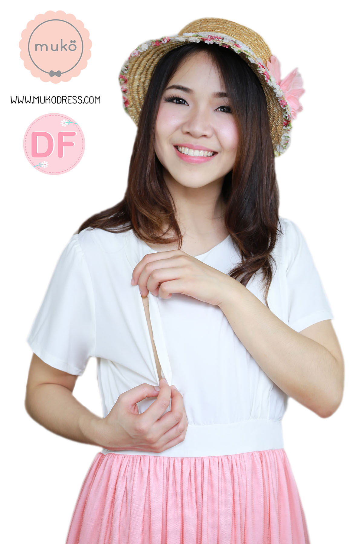 Muko Nattie เดรสเปิดให้นม คลุมท้อง DZ14-001DF ขาวส้ม